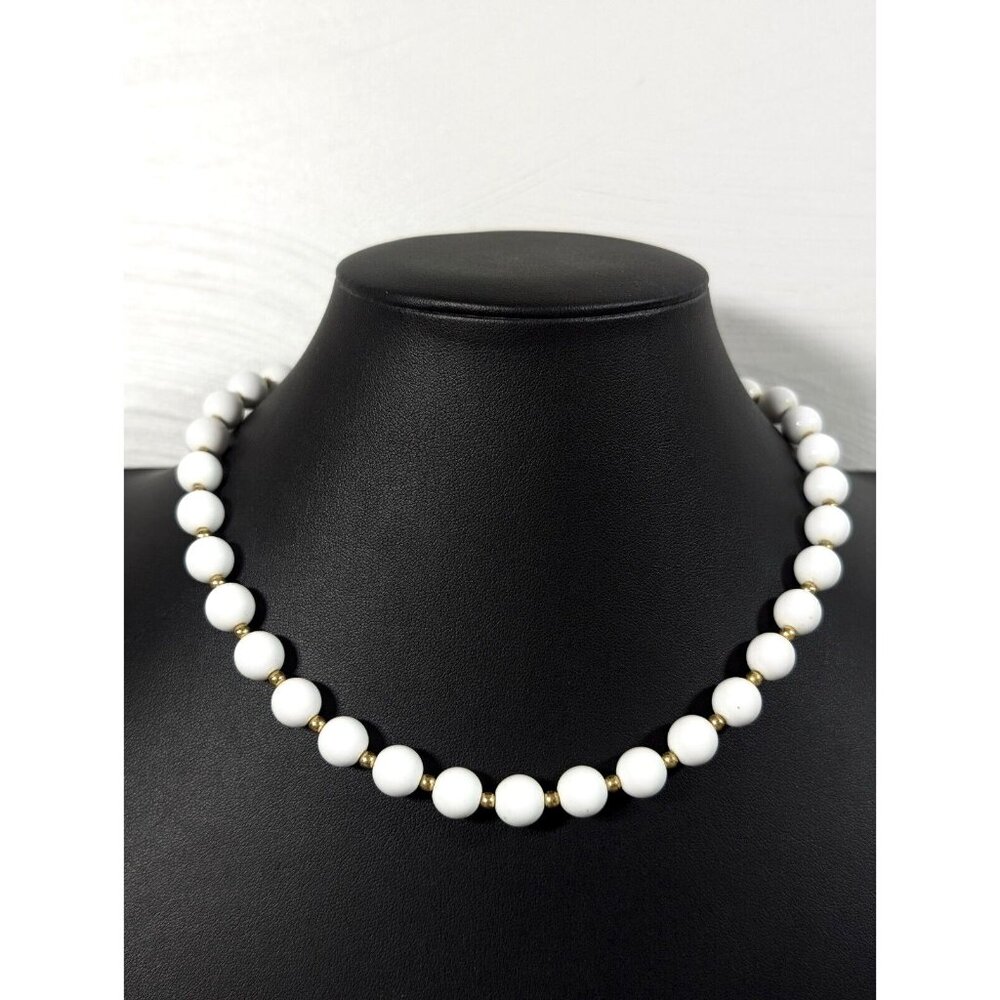 Vintage Monet White Round Bead Necklace Gold Tone 19 in Classic Retro